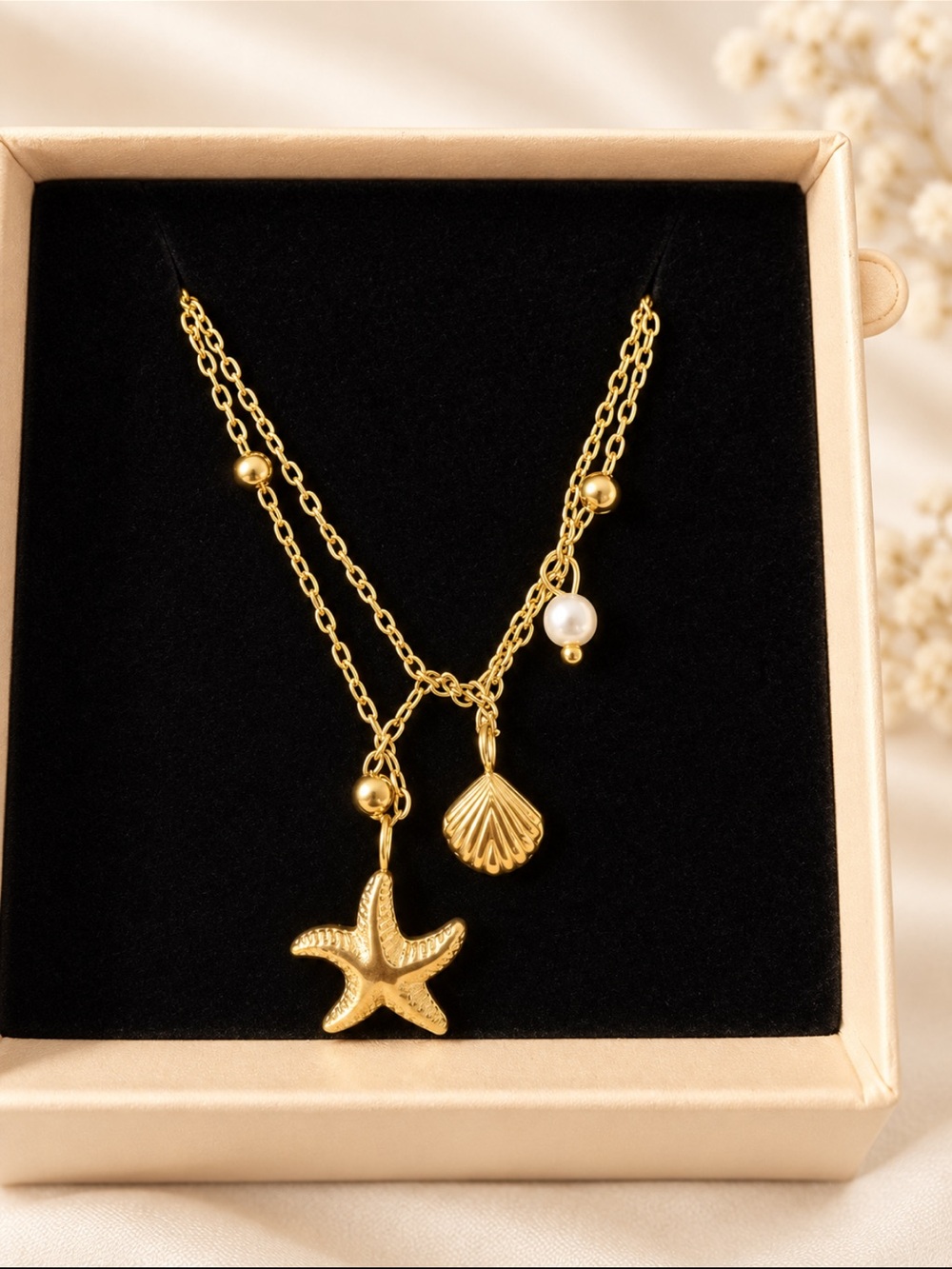 Gold Toned Starfish & Shell Pendant Necklace with Pearl Accent